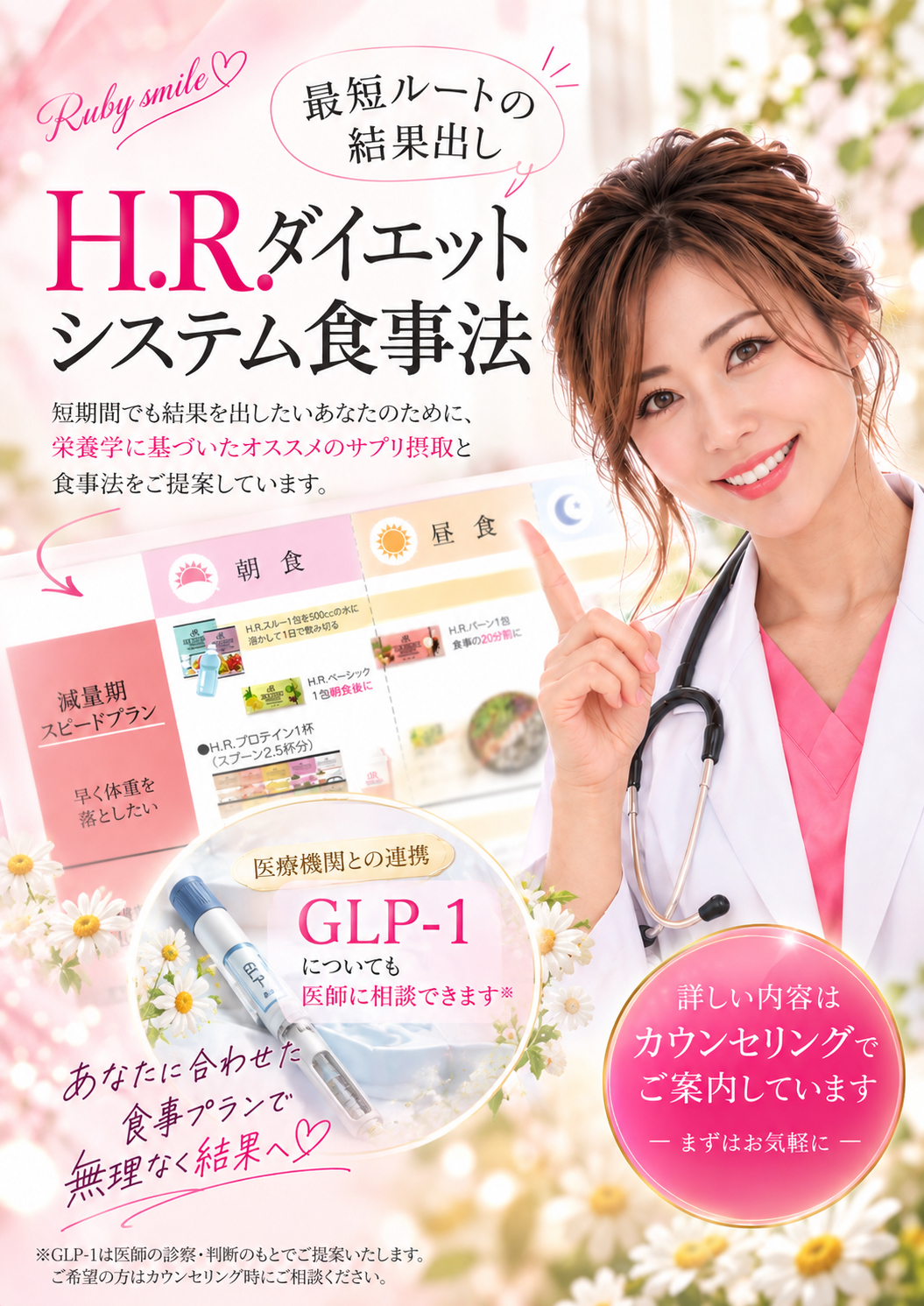 • 医療機関提携GLP-1カウンセリングとHRダイエットシステム食事法のパンフレット